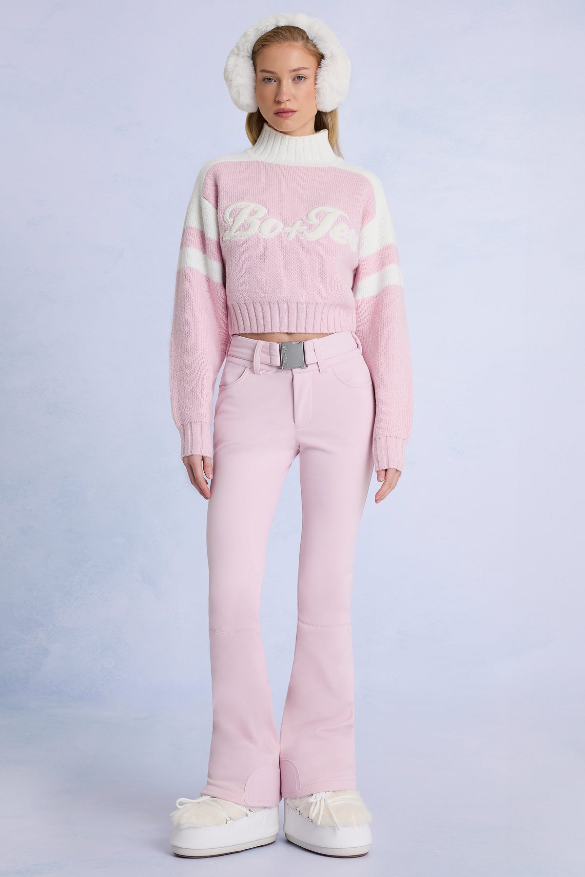 Chic Waterproof Belted Ski Salopettes in Powder Pink