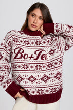 Chic Jacquard-Knit Oversized Jumper in Crimson Red