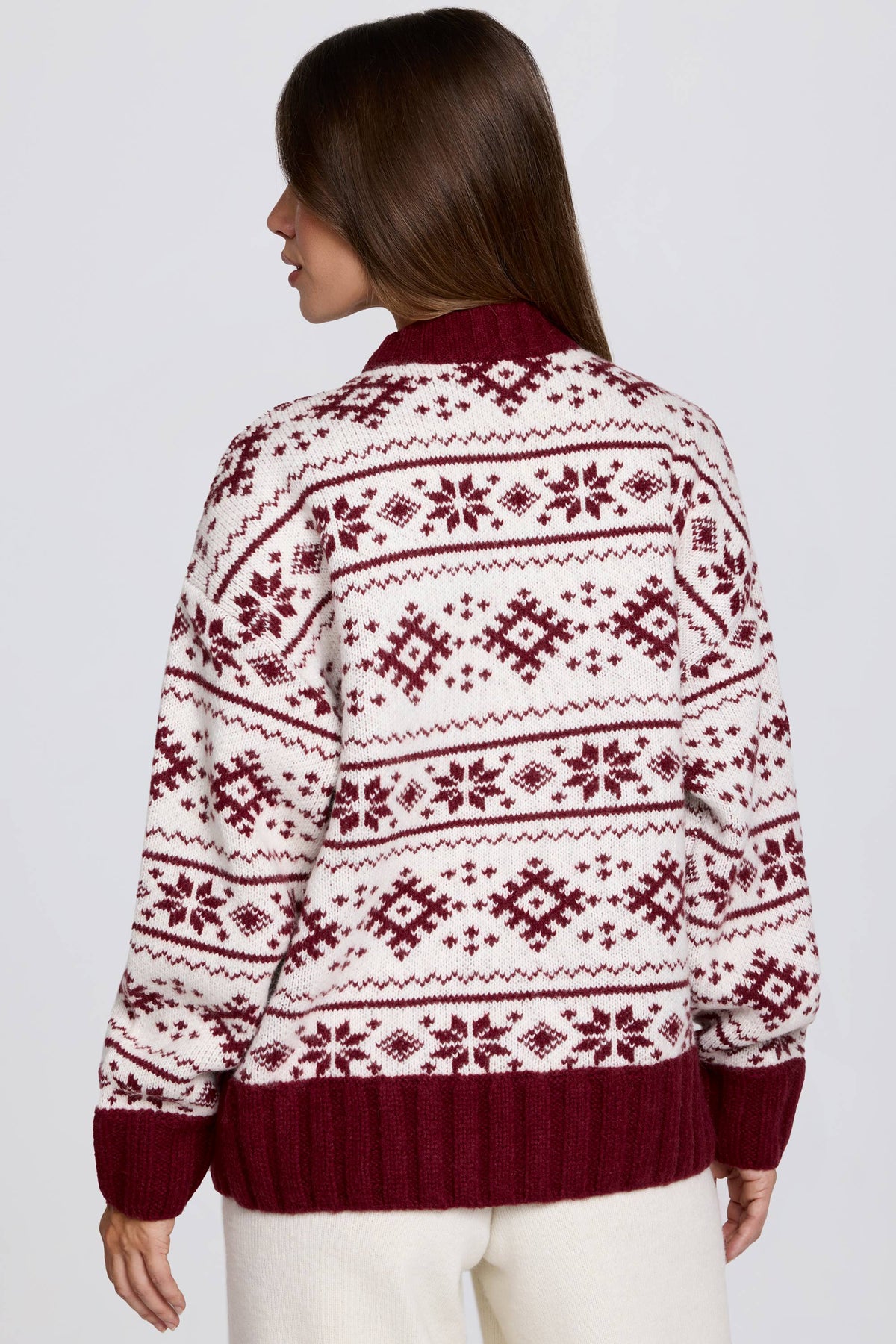 Chic Jacquard-Knit Oversized Jumper in Crimson Red