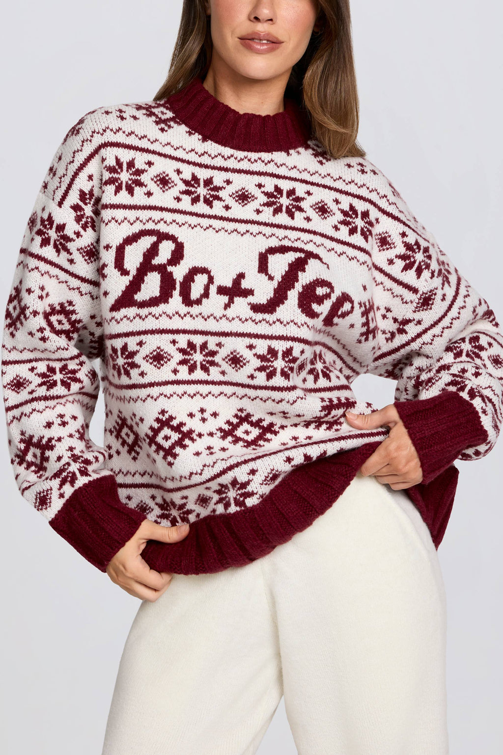 Chic Jacquard-Knit Oversized Jumper in Crimson Red