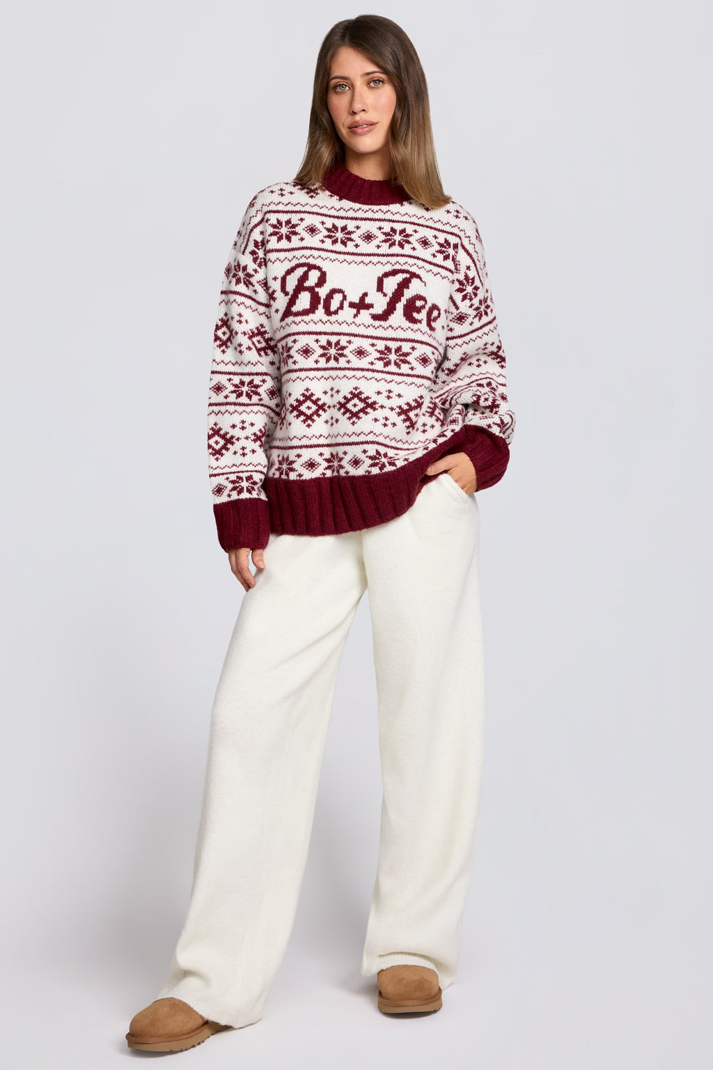 Chic Jacquard-Knit Oversized Jumper in Crimson Red