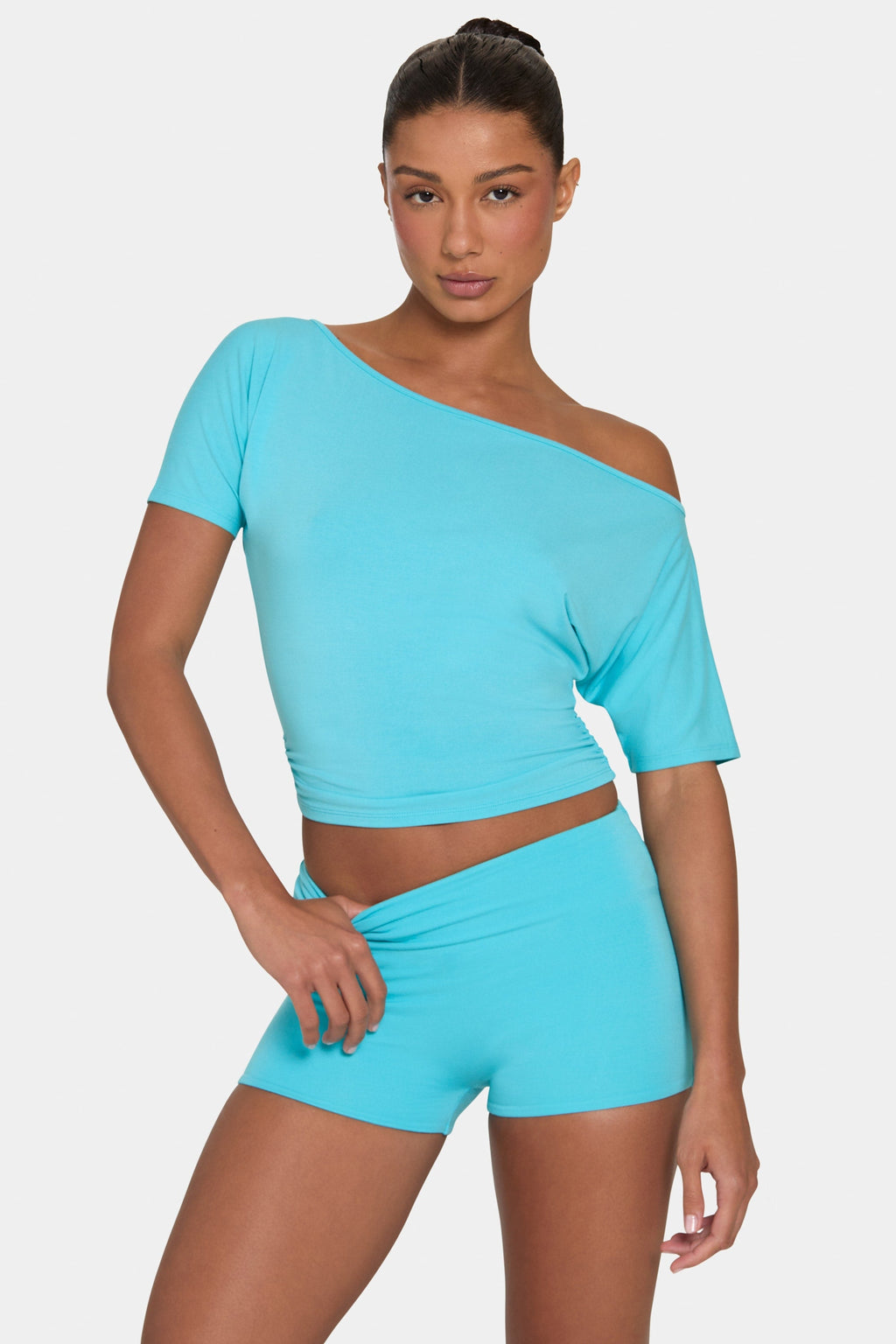 Chic ButterCloud Slouchy Off-Shoulder Top in Aqua