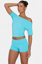 Chic ButterCloud Slouchy Off-Shoulder Top in Aqua