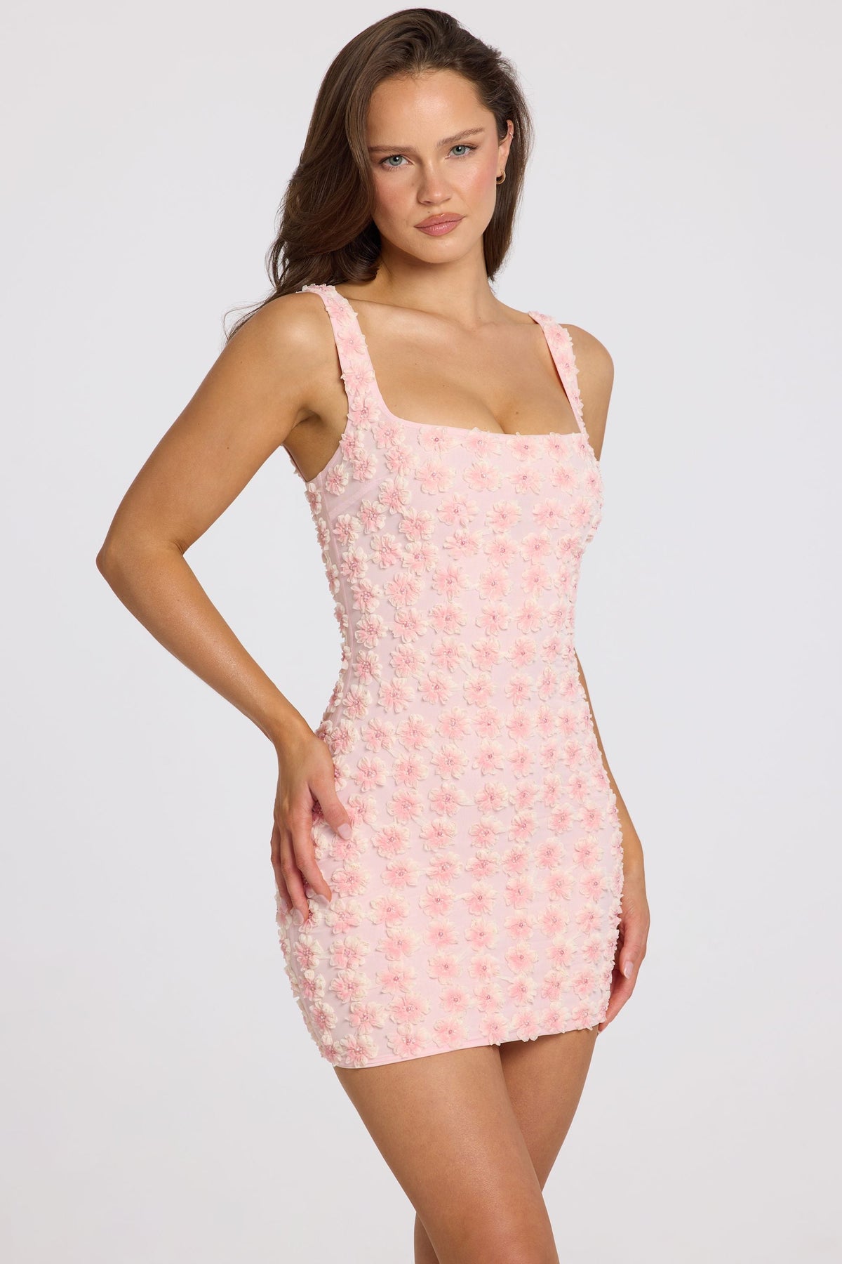 Chic Embellished Square-Neck Mini Dress in Soft Pink Ombre