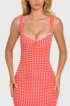 Chic Modal Lace-Trim Midaxi Dress in Red Gingham
