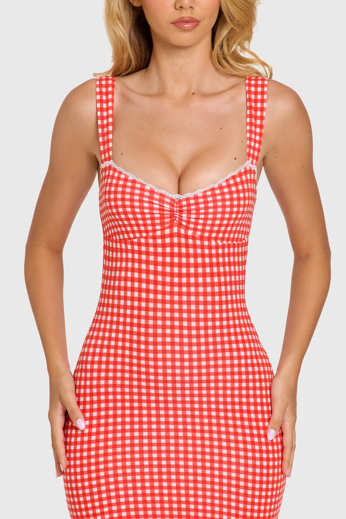 Chic Modal Lace-Trim Midaxi Dress in Red Gingham