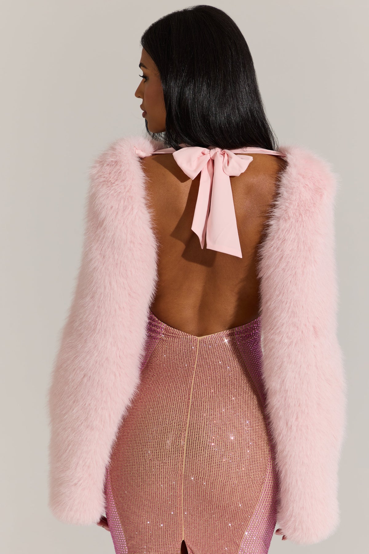 Chic Faux Fur Tie-Up Sleeves in Pink