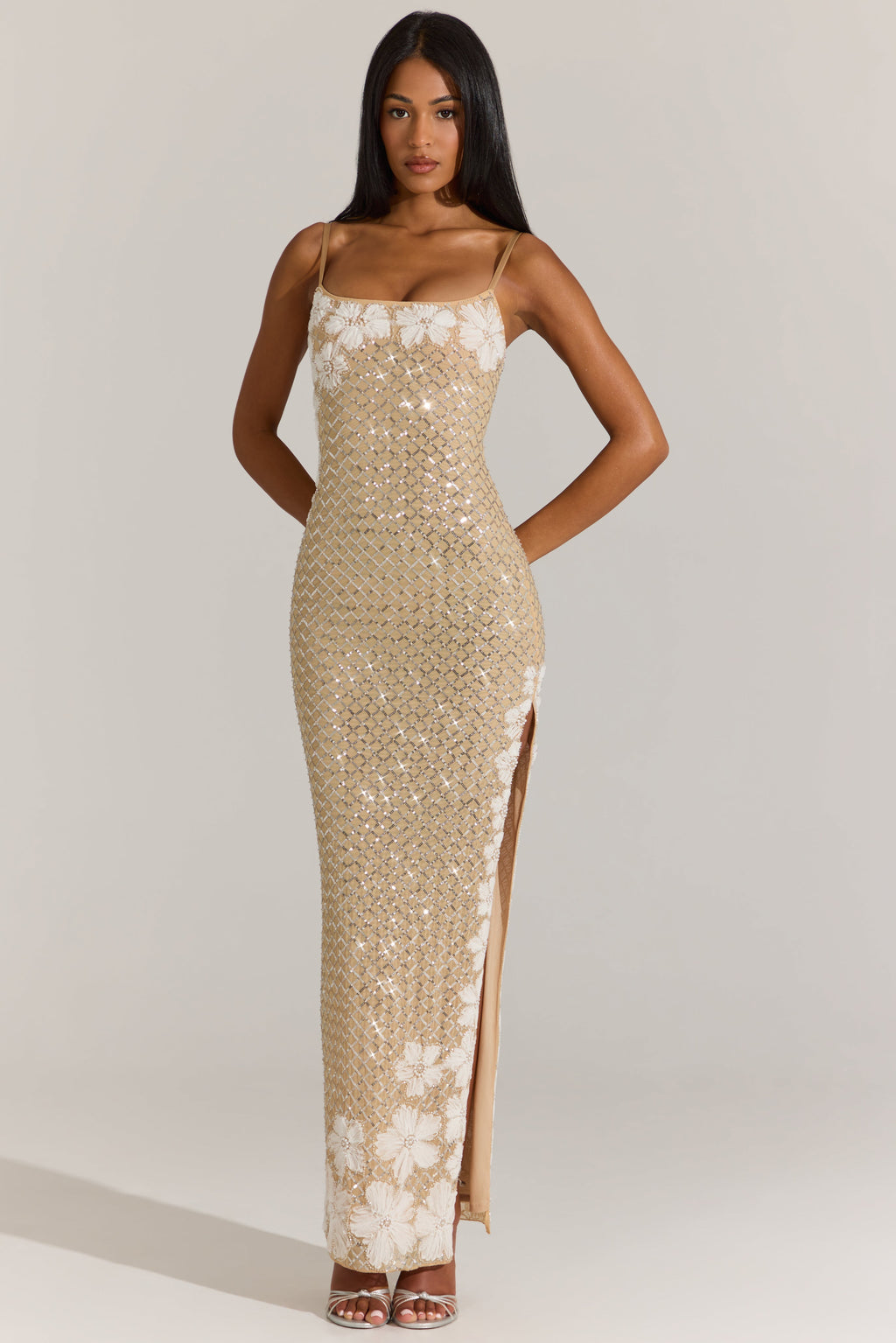 Chic Embellished Square-Neck Maxi Dress in Gold