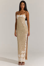 Chic Embellished Square-Neck Maxi Dress in Gold