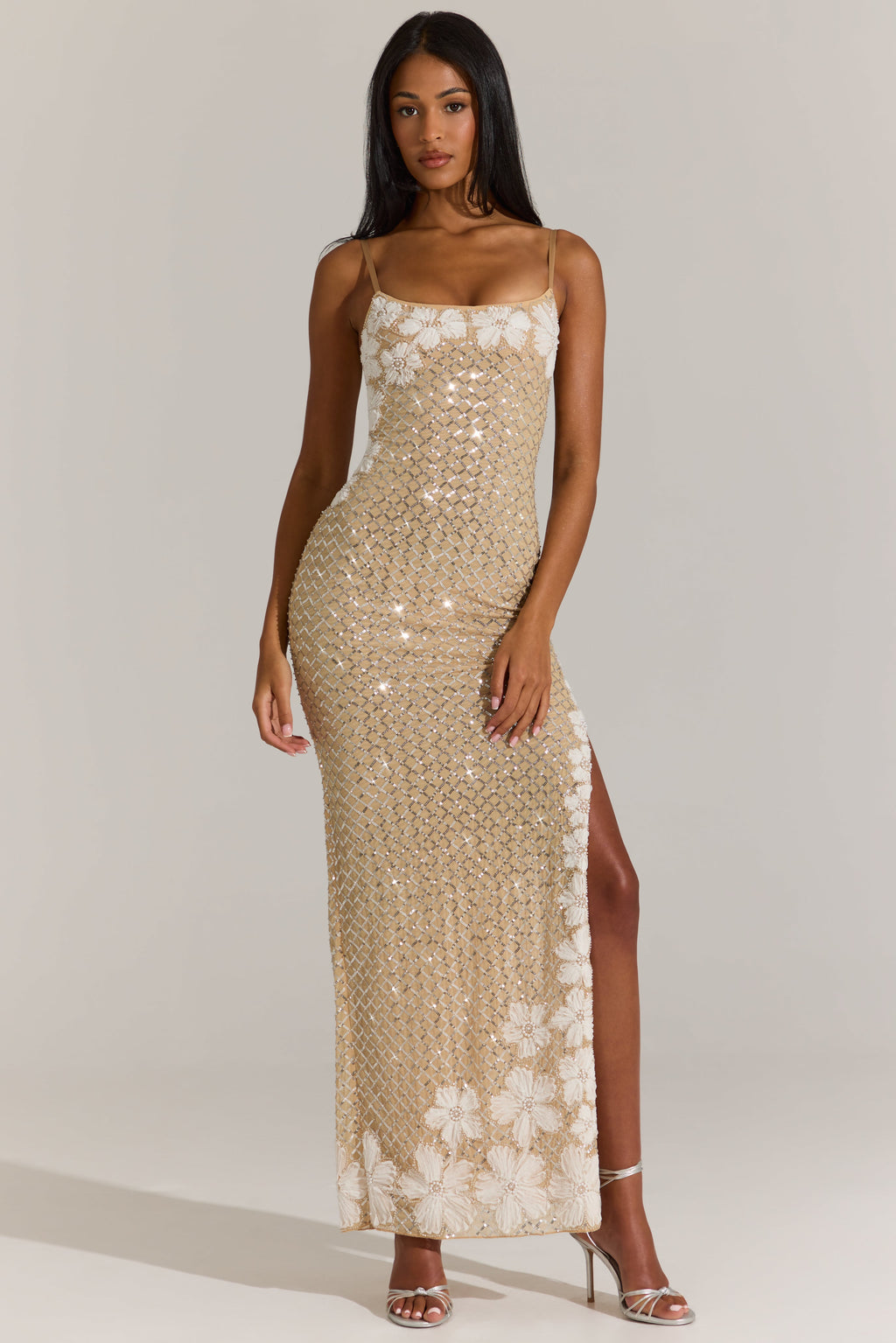 Chic Embellished Square-Neck Maxi Dress in Gold