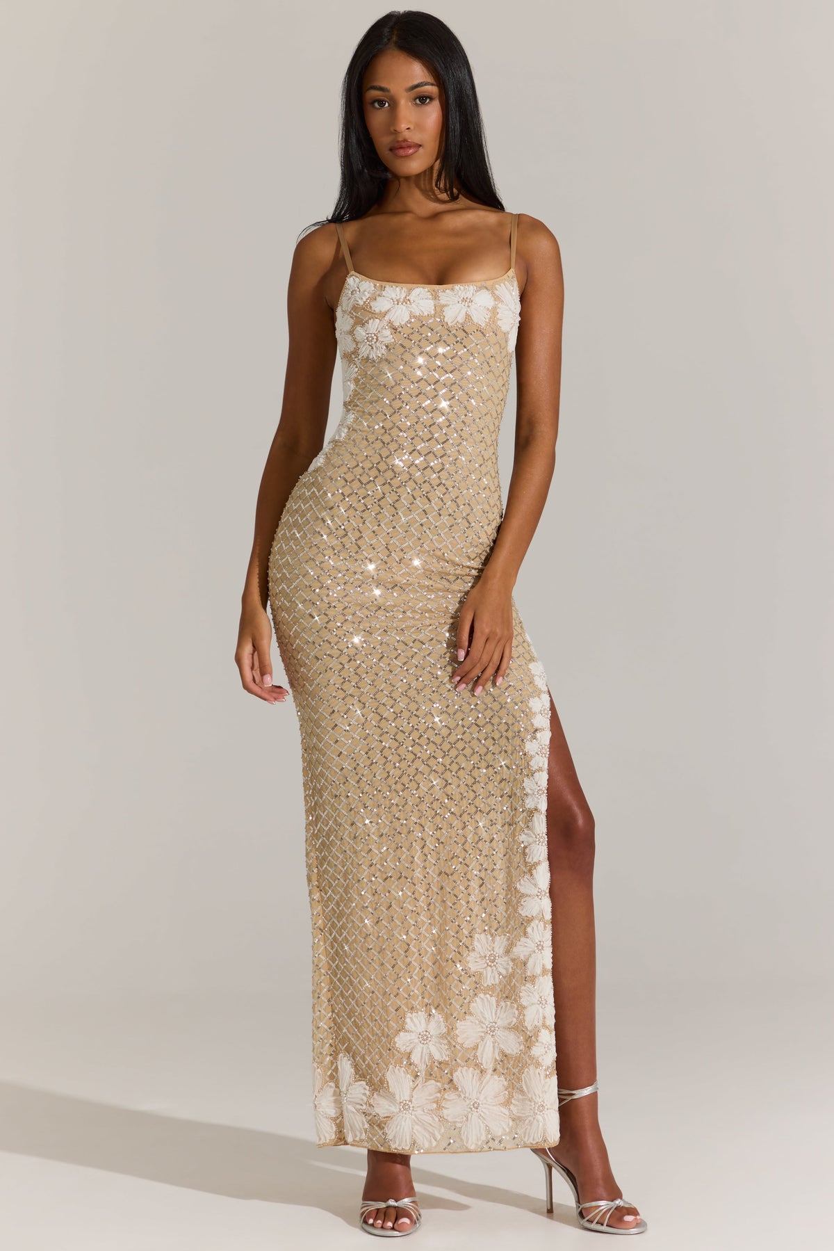 Chic Embellished Square-Neck Maxi Dress in Gold