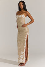 Chic Embellished Square-Neck Maxi Dress in Gold