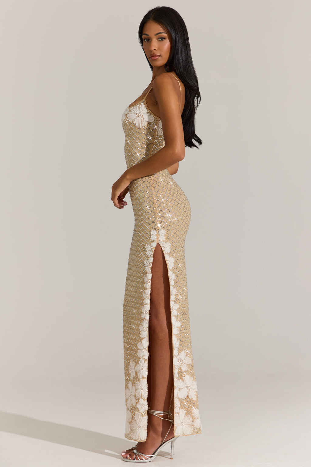 Chic Embellished Square-Neck Maxi Dress in Gold