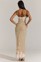 Chic Embellished Square-Neck Maxi Dress in Gold