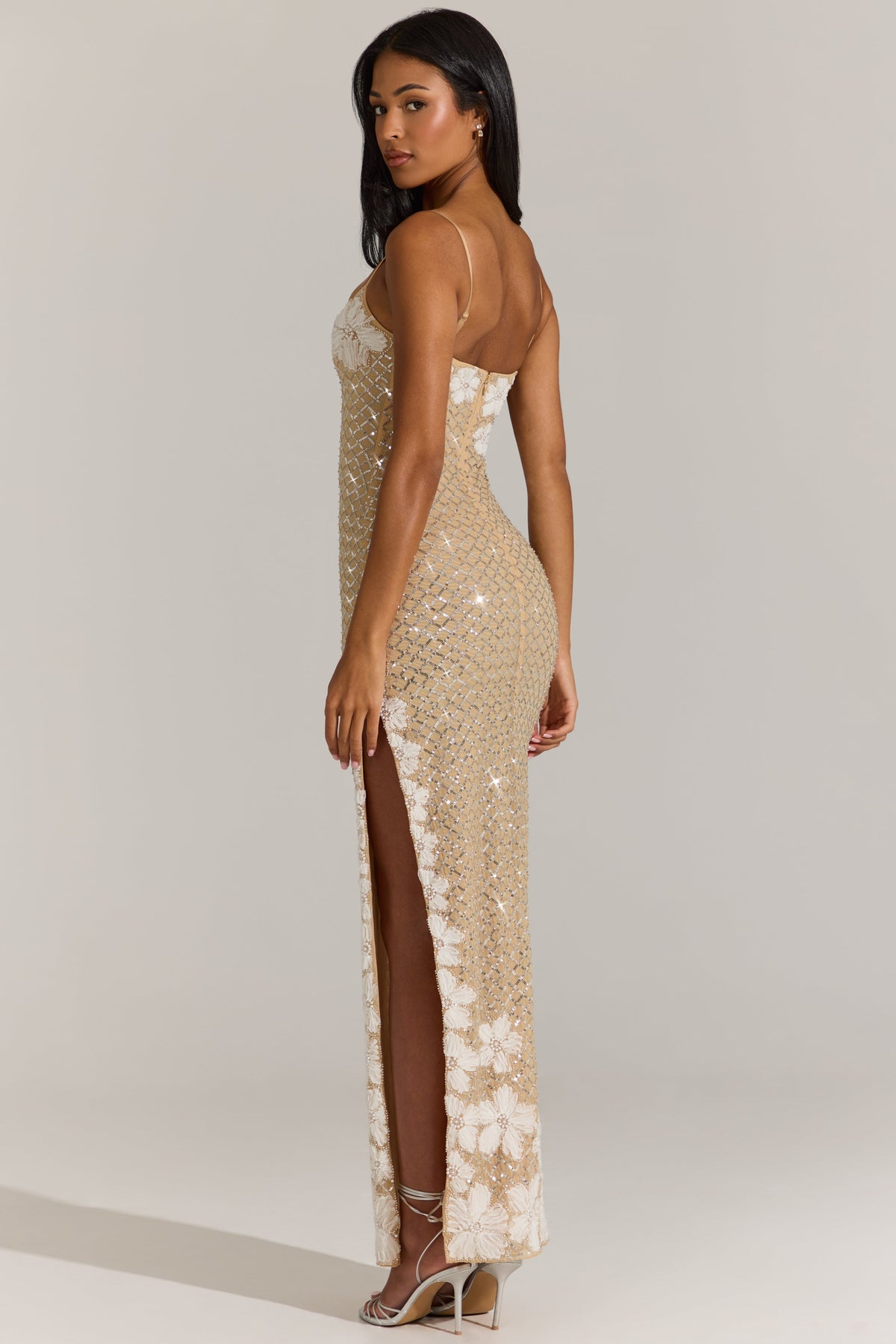 Chic Embellished Square-Neck Maxi Dress in Gold