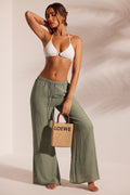 Chic Crinkle Textured Beach Trousers in Light Green