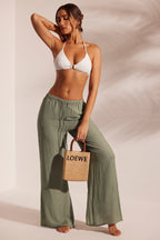 Chic Crinkle Textured Beach Trousers in Light Green