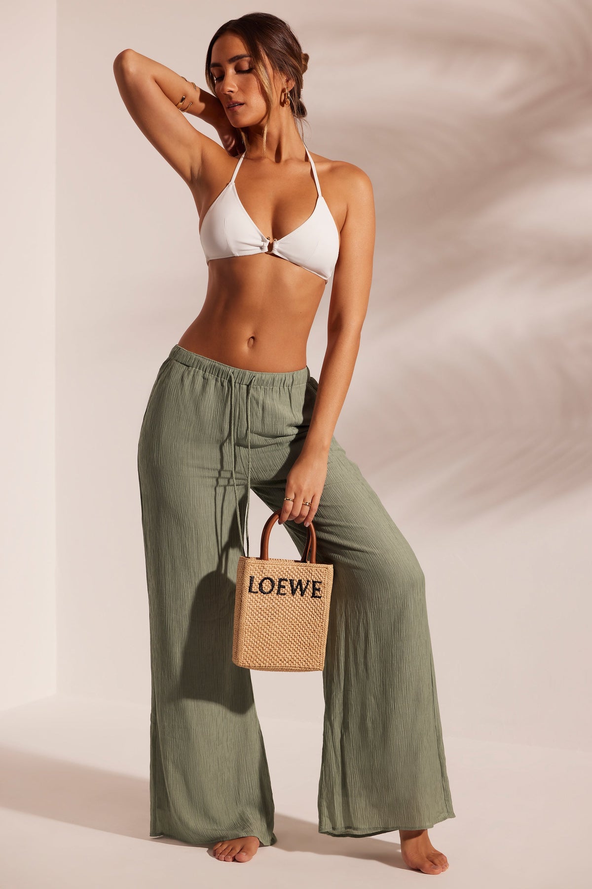 Chic Crinkle Textured Beach Trousers in Light Green