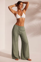 Chic Crinkle Textured Beach Trousers in Light Green