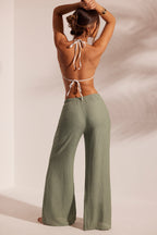 Chic Crinkle Textured Beach Trousers in Light Green