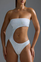 Chic Embellished Cut-Out Cheeky One-Piece Swimsuit in White