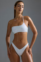 Chic Embellished One-Shoulder Bandeau Bikini Top in White