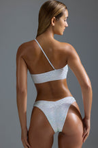 Chic Embellished One-Shoulder Bandeau Bikini Top in White