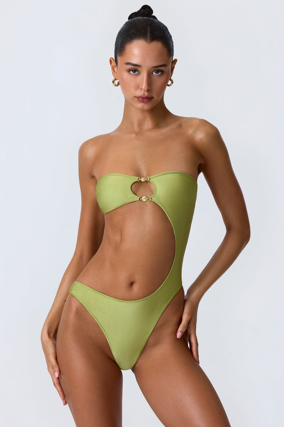 Chic Bead-Embellished Cut-Out Bandeau Swimsuit in Pear Green