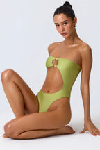 Chic Bead-Embellished Cut-Out Bandeau Swimsuit in Pear Green