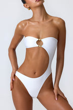 Chic Bead-Embellished Cut-Out Bandeau Swimsuit in White
