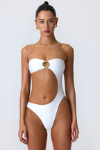 Chic Bead-Embellished Cut-Out Bandeau Swimsuit in White