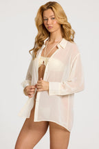 Chic Pearl-Detail Oversized Shirt in Pearl White