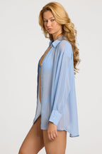 Chic Pearl-Detail Oversized Shirt in Sky Blue