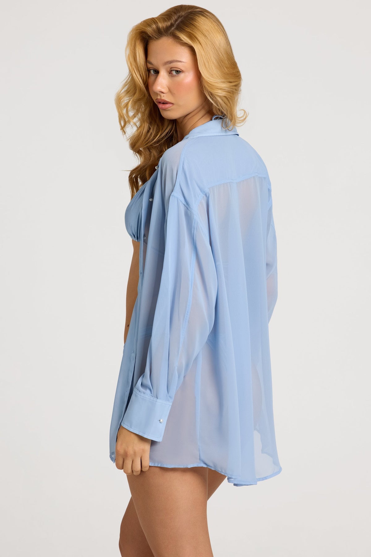 Chic Pearl-Detail Oversized Shirt in Sky Blue