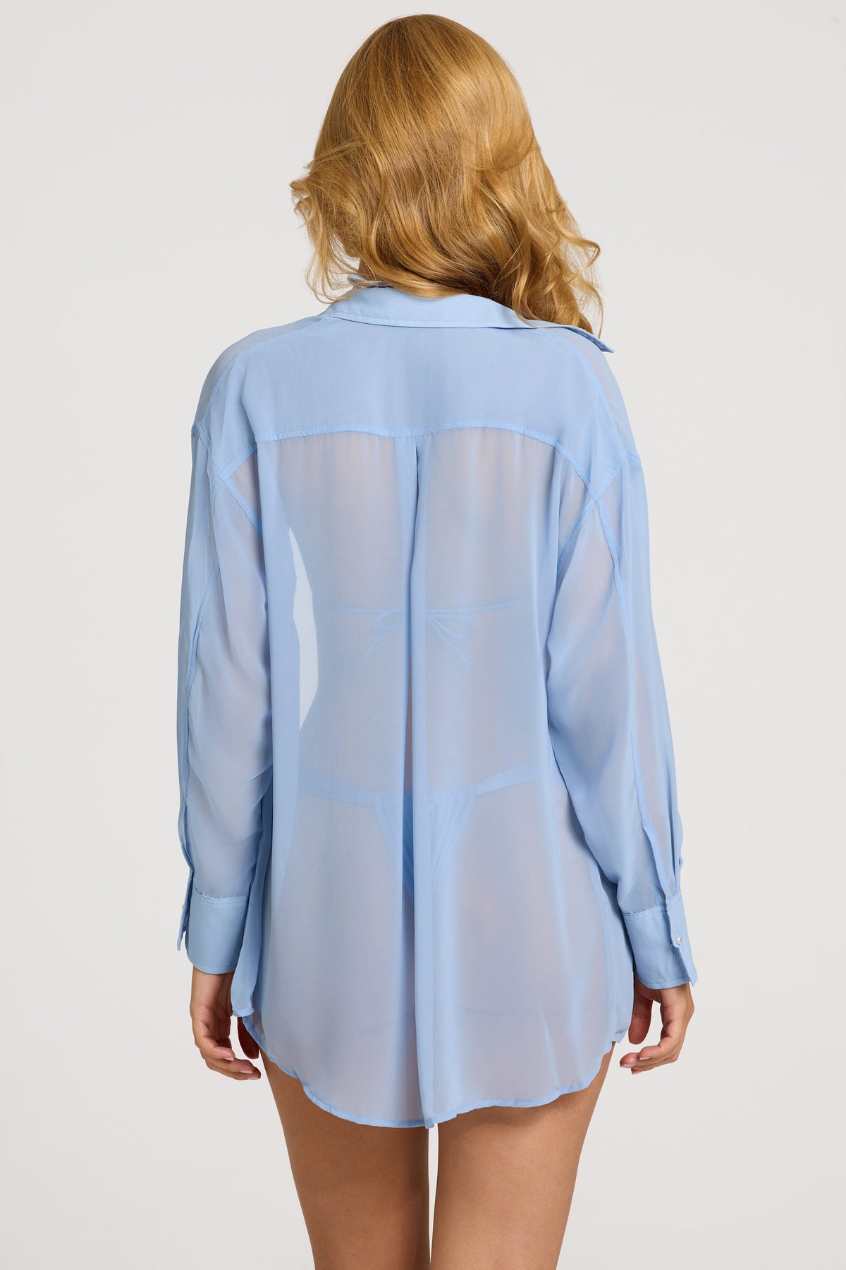 Chic Pearl-Detail Oversized Shirt in Sky Blue