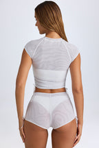 Chic Sheer Ruched Cropped T-Shirt in White