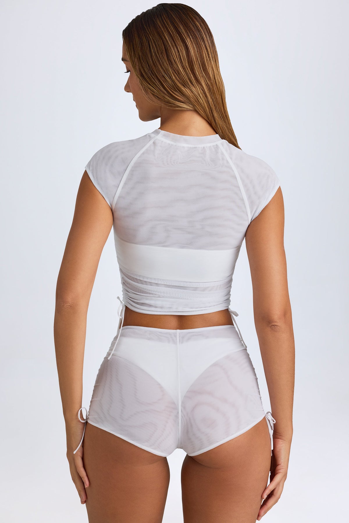 Chic Sheer Ruched Cropped T-Shirt in White