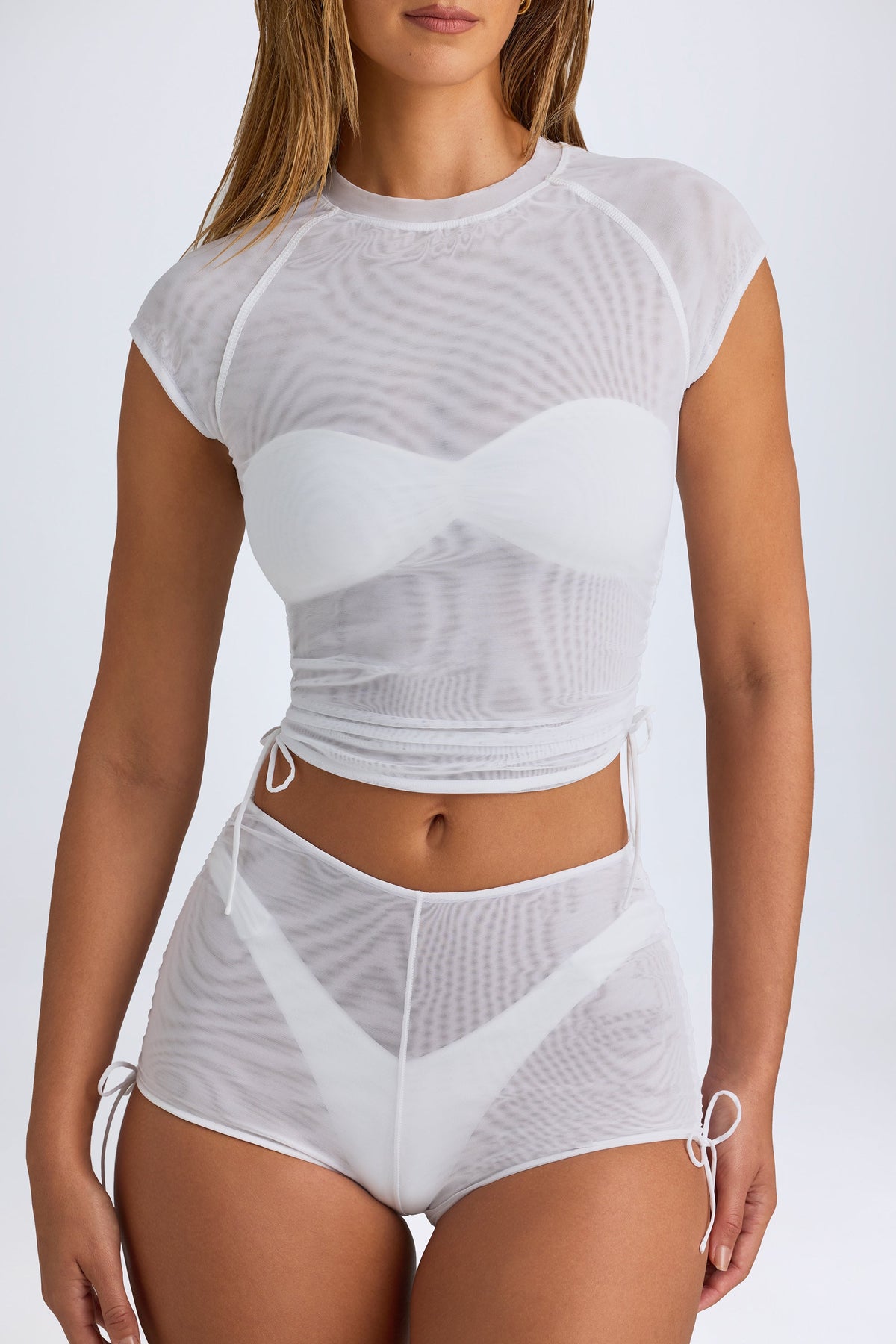Chic Sheer Ruched Cropped T-Shirt in White