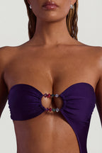 Chic Bead-Embellished Cut-Out Bandeau Swimsuit in Deep Purple