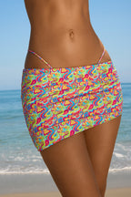 Chic Asymmetric Ruched Micro Mini Skirt in Bright Multi Print