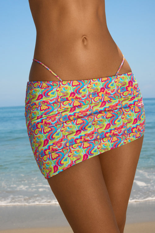 Chic Asymmetric Ruched Micro Mini Skirt in Bright Multi Print