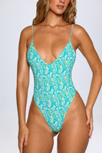 Chic Open-Back Swimsuit in Blue Multi Print