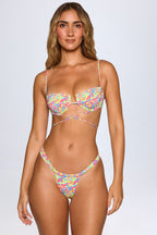 Chic Ruched Thong Bikini Bottoms in Bright Multi Print