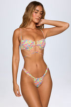 Chic Ruched Thong Bikini Bottoms in Bright Multi Print