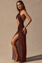 Chic Cut-Out Halterneck Maxi Dress in Espresso Brown