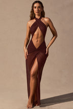 Chic Cut-Out Halterneck Maxi Dress in Espresso Brown