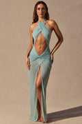 Chic Cut-Out Halterneck Maxi Dress in Seafoam Green