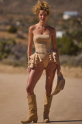 Chic Ruffled Lace-Up Corset Playsuit in Tan