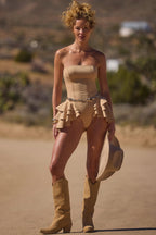 Chic Ruffled Lace-Up Corset Playsuit in Tan