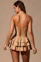 Chic Ruffled Lace-Up Corset Playsuit in Tan